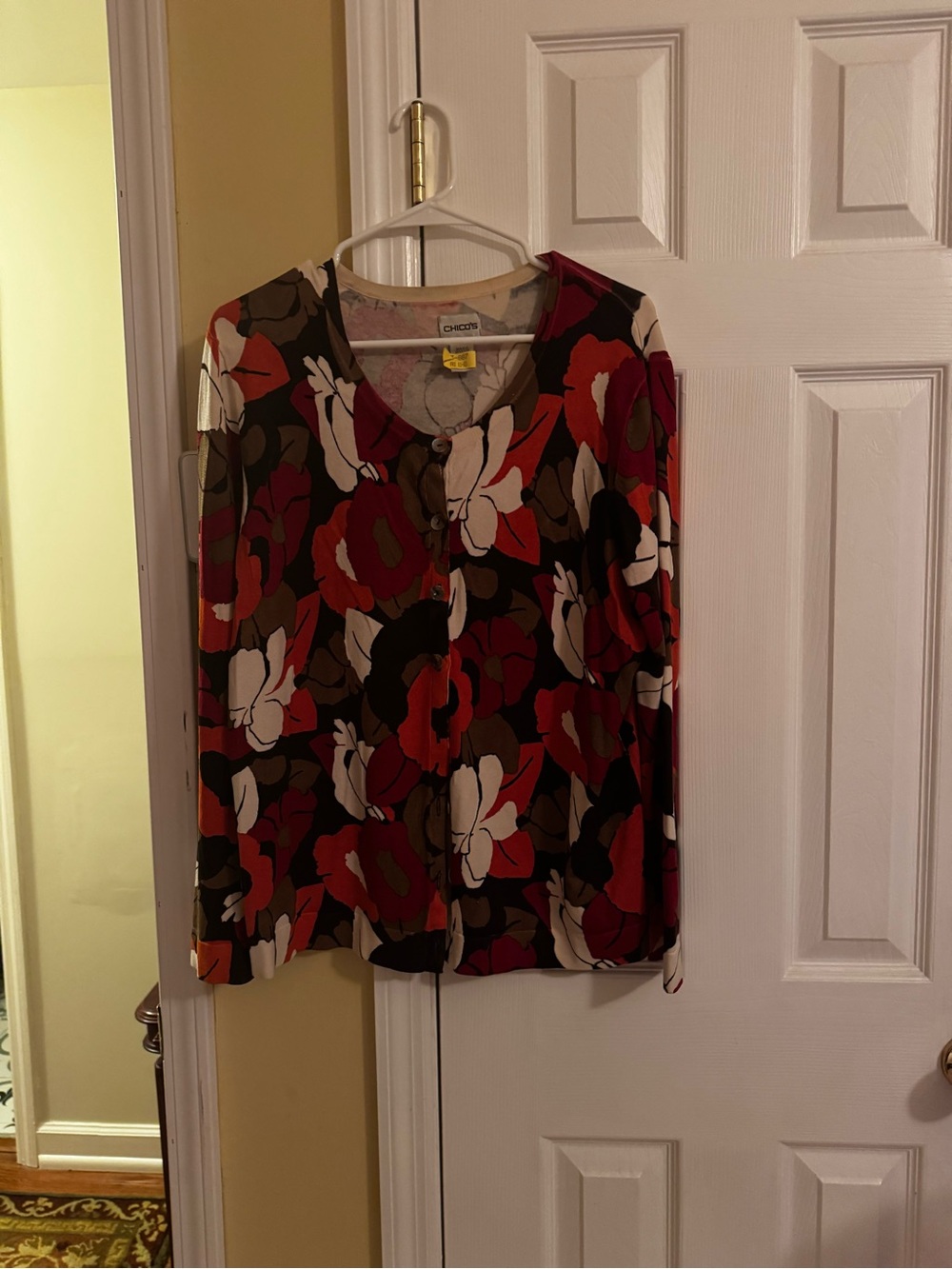 Chico's Red Multi Floral Silk Blend Button-Front Women’s Cardigan Sweater Size 3